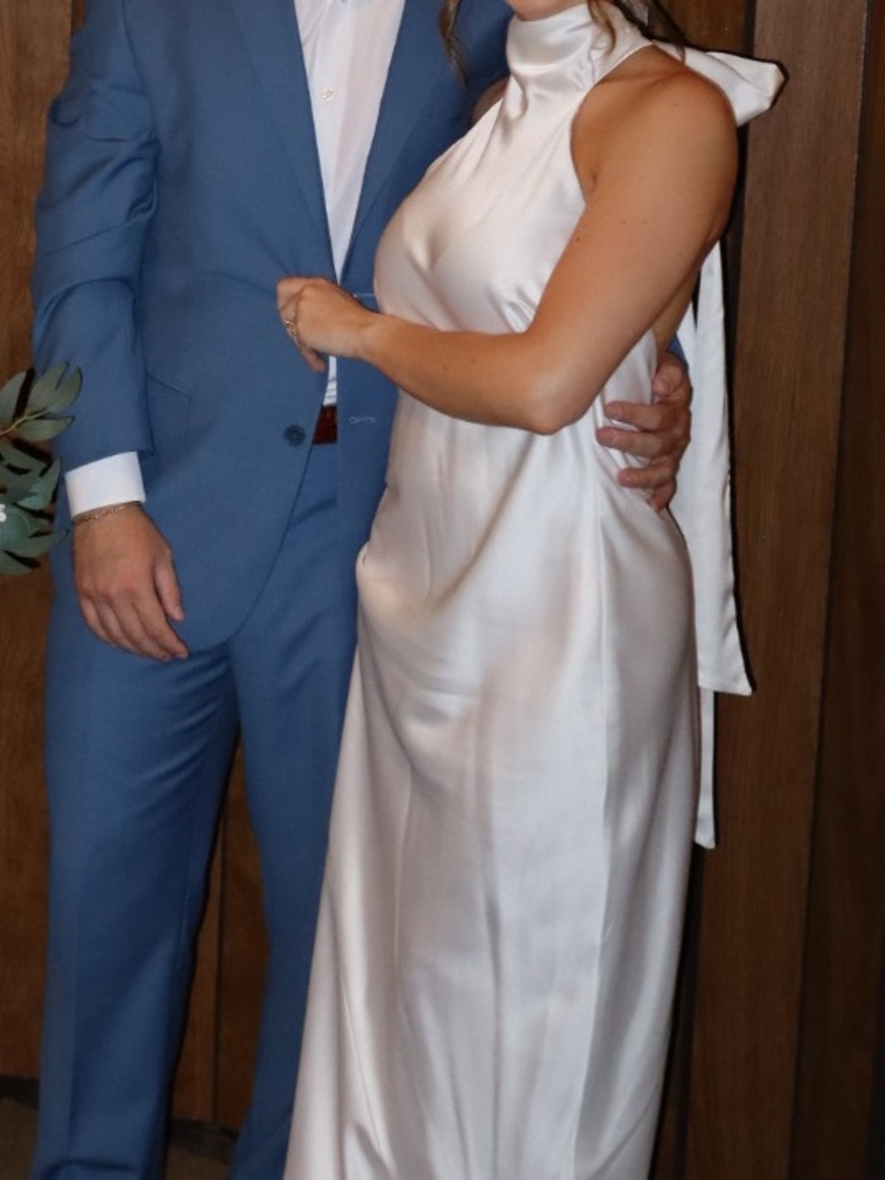White Satin Halter Floor Length Gown with Bow Tie